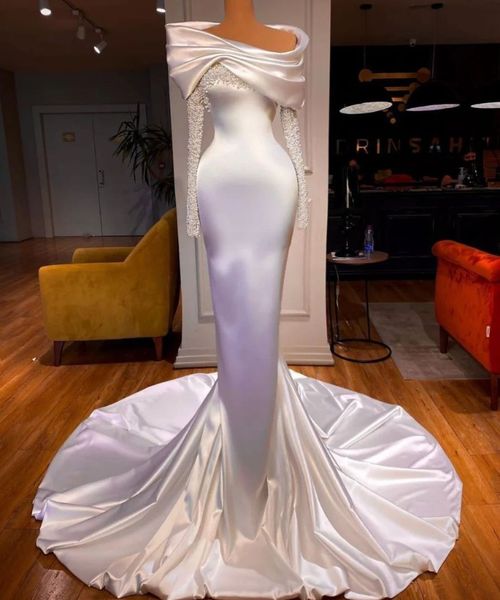 

stylish mermaid wedding dresses long sleeves bateau satin pearls beaded sequins appliques bridal gowns formal dresses gowns plus size vestid, White