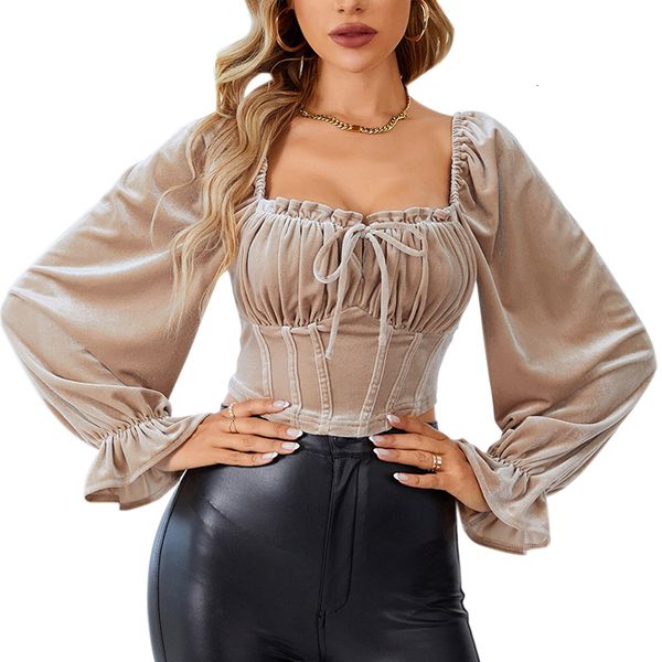 

women's tshirt velvet crop for women spring autumn vintage long sleeve elegant office lady tee drawstring v neck t 230225, White