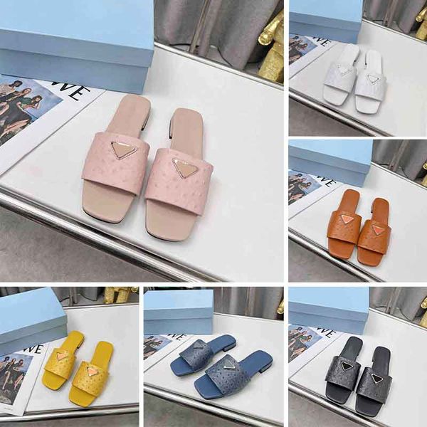 

new triangle badge square head flat high-heel slippers ostrich grain leather women slippers fashion non-slip bathroom sandals women summer b, Black