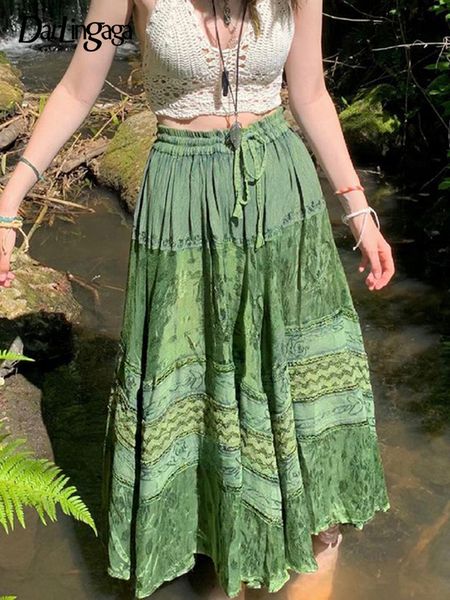 

skirts darlingaga vintage green grunge fairycore pleated long female fashion graphic printed high waist drawstring harajuku 230225, Black