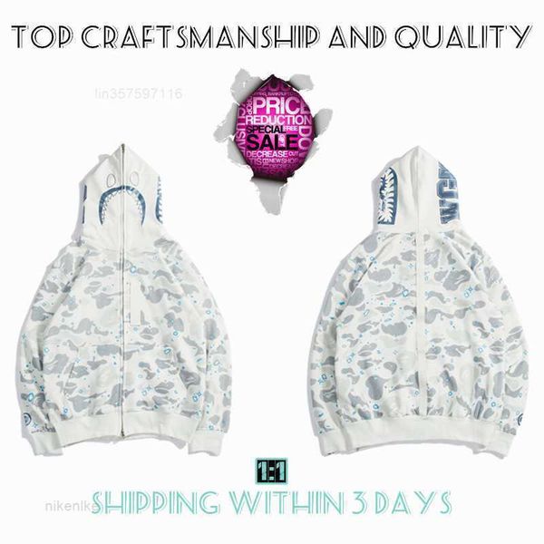 

shark full zip mens hoodies tiger jacket craftsmanship designer men women harajuku stylist sweatshirt fashion co-branding camouflage double, Black