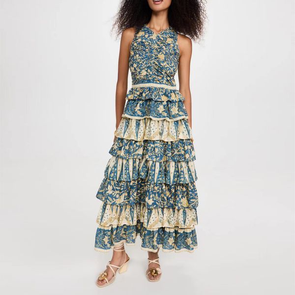 

runway dress v-neck sleeveless floral printed tight dress fringed dress, Black