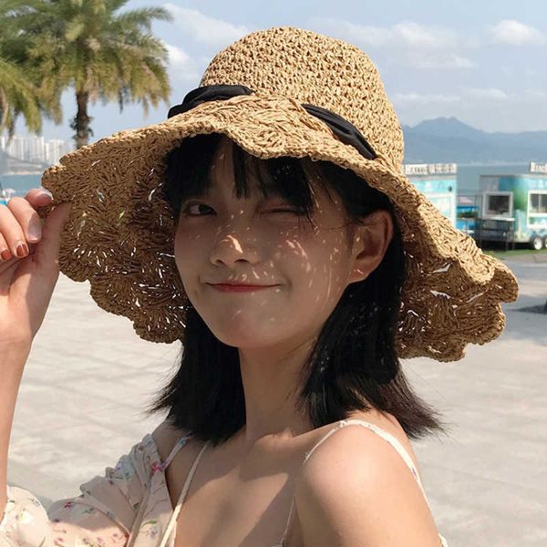 

hbp handmade hats wide crochet brim sun hat female summer sunscreen beach korean version wild woven bow tie holiday straw hat lace brim sun, Blue;gray