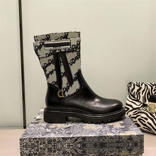

chunky brand women's boots designer genuine leather canvas over the zipper laces cute boot casual shoes with box 03266c, Black