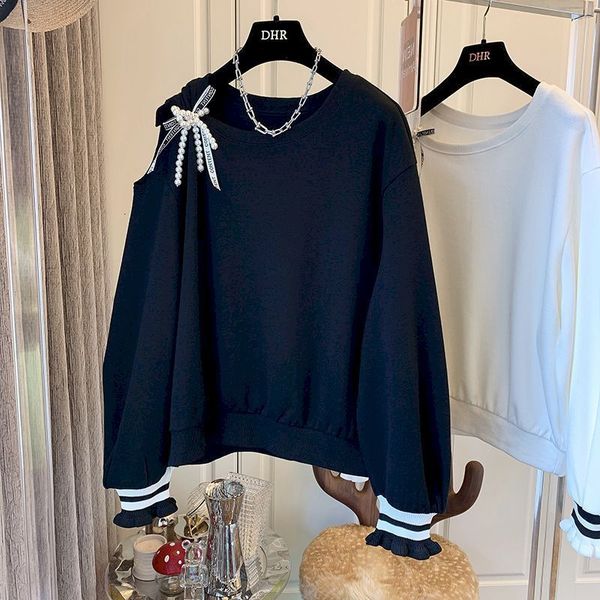

womens hoodies sweatshirts pullovers bow pearl ribbon offtheshoulder pullover korean style loose stitching striped wood ear cuffs 230224, Black