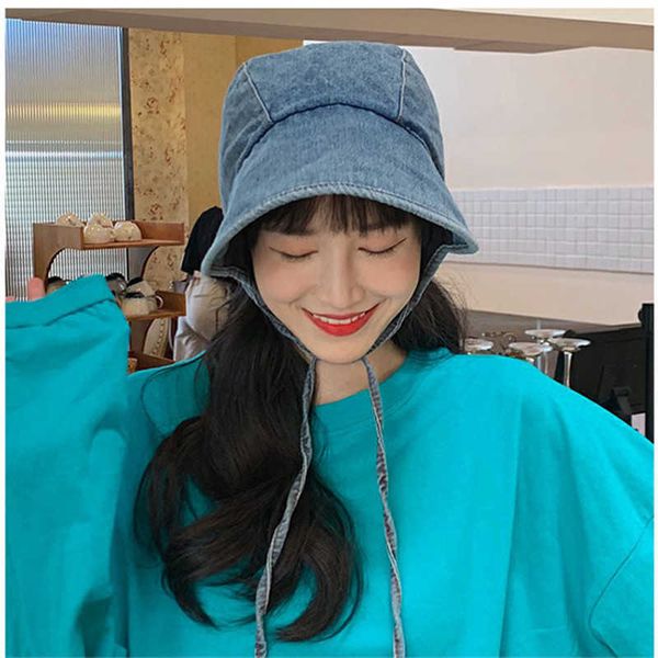 

wide brim hats chic designer vintage hooded bucket hat women lolita jean cap with string spring summer denim princess hats sun protection p2, Blue;gray