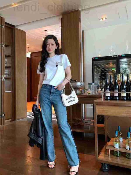 

women's t-shirt designer the newmade the old patch embroidery series stitching straight denim pants with side contrast qbst, White