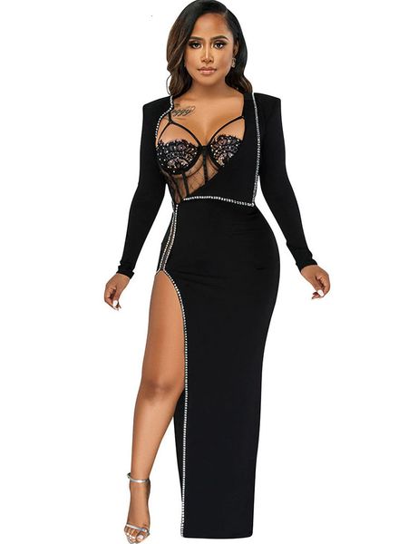 

two piece dress mesh two piece set women clubwear party bodysuit and long slit dress see through night club outfits sets 230224, White