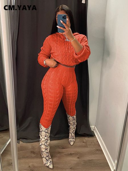 

women's two piece pants cm.yaya streetwear knit ribbed two 2 piece set outfits for women hooded sweater and pants suit autumn winter in, White