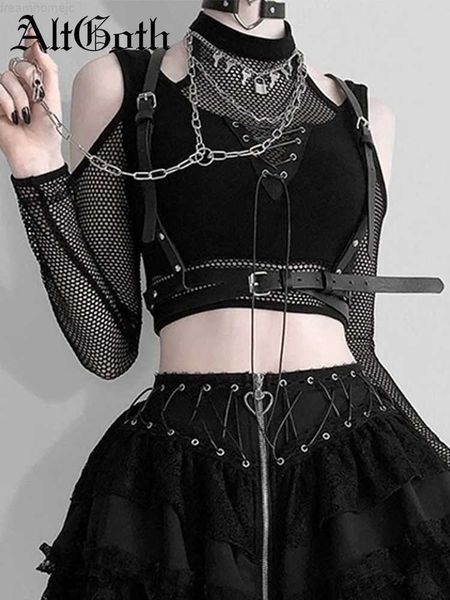 

altgoth gothic mesh t-shirt women vintage streetwear punk aesthetic lace up patchwork tee y2k open shoulder emo alt clothes 0225, White