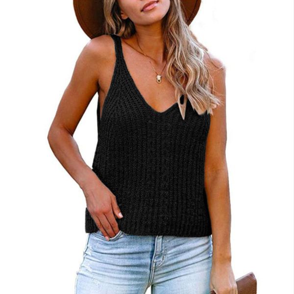 

hollow out knitted women's camis v-neck sling short knitwear solid color spring summer beach, White