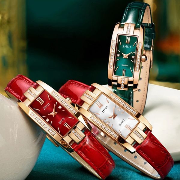 

luxury square woman watch creative red green small dial diamond watches for women stylish ladies leather quartz clock gifts montre femme, Slivery;golden