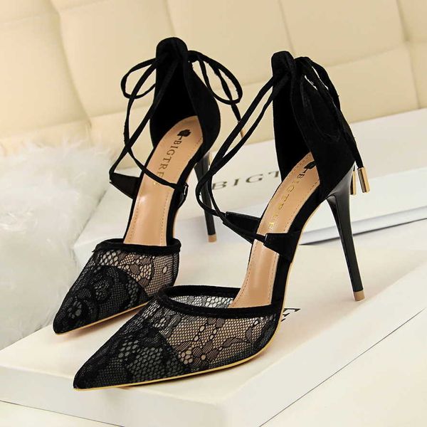 

women's dress shoes high heels 1627-6 fashion shoes thin high heeled shallow mouth pointed net lace cross band hollow out sandals, Black
