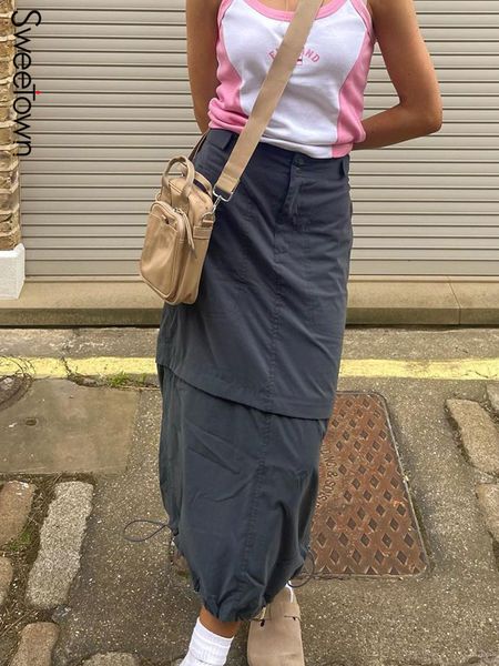 

skirts sweetown gray casual baggy techwear cargo skirts womens big pockets streetwear drawstring hem low waist hippie long skirt y2k 230225, Black