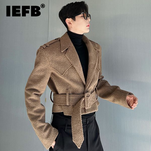 

men's suits blazers iefb autumn winter thickened designer short woolen belt men jacket coat solid color korean fashion male 9a6200 230, White;black