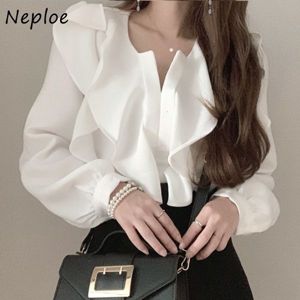

women's blouses shirts neploe autumn solid color elegant women blouse ins ruffles design femme blusas fashion all-match chiffon shirts, White