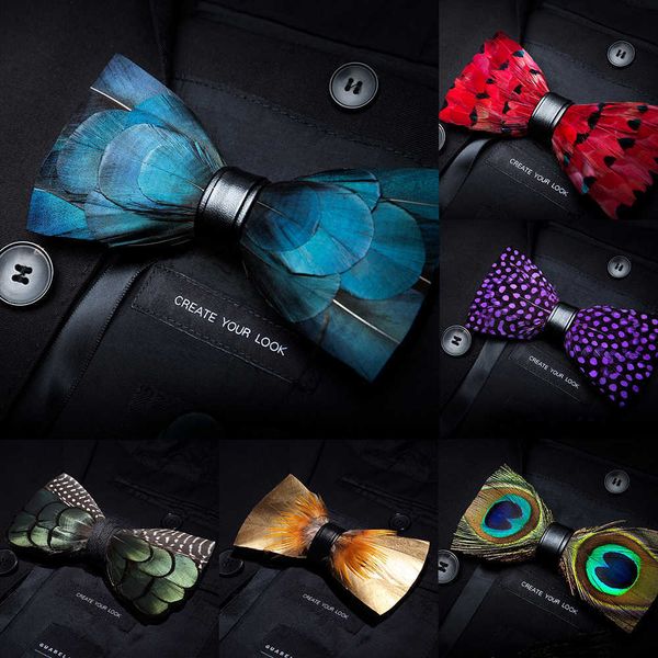 

neck ties kamberft designer brand handmade feather and leather pretied bow tie and brooch sets for men wedding party gift cravate, Blue;purple