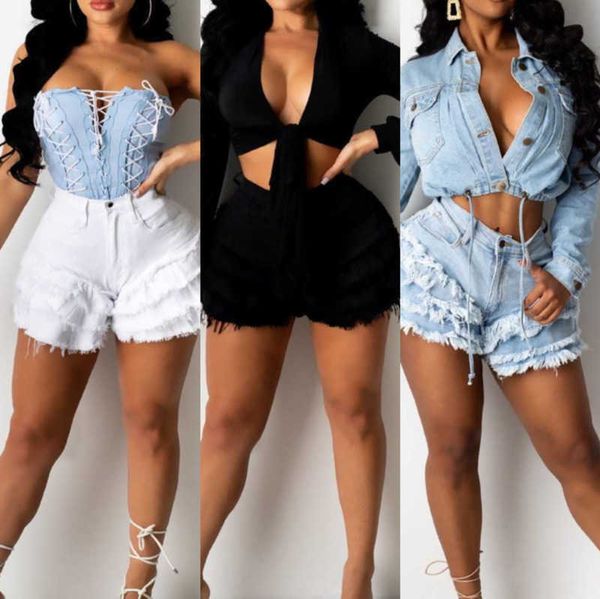 

2023 summer women fashion short pants mid waist milled ruffle denim shorts with zipper, White;black
