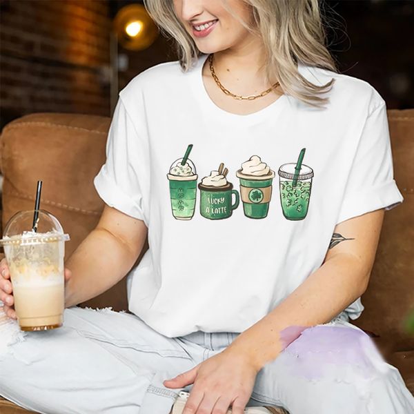 

women's tshirt coffee st patricks day cute patty's lucky latte green irish shamrock clover graphic tees 230225, White