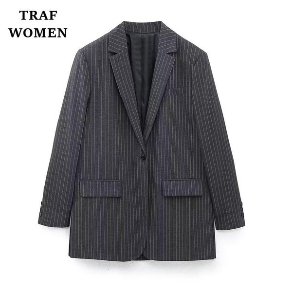 

women s jackets traf coats 2023 in pinstripe office suit jacket lapel long sleeve pocket button classic female s joker mujer 230225, Black;brown
