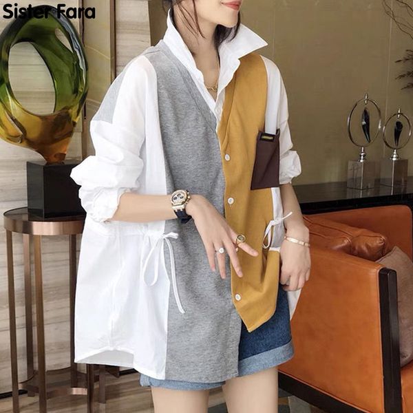 

women's blouses shirts sister fara patchwork asymmetrical women's shirt spring turn-down collar long sleeve blouse summer ladies l, White