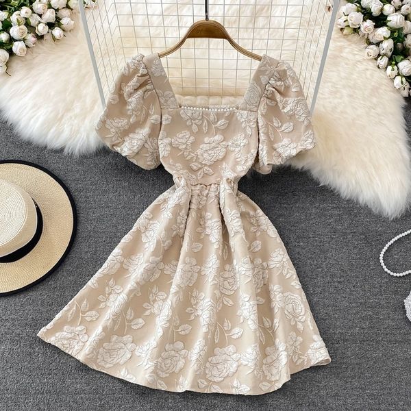 

puff short sleeve casual dresses jacquard princess robes 2023 spring summer vestidos french square neck off shoulder slim waist dress, Black;gray
