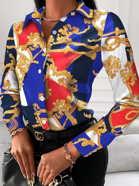 

women's blouses shirts chain print women and blouses fashion turn-down collar long sleeve casual plus size elegant office work lady sh, White