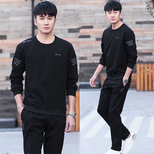 

spring and autumn cotton resistant long-sleeved sports trend embroidery solid color three-bar round neck sweater suit for menhukw, Gray
