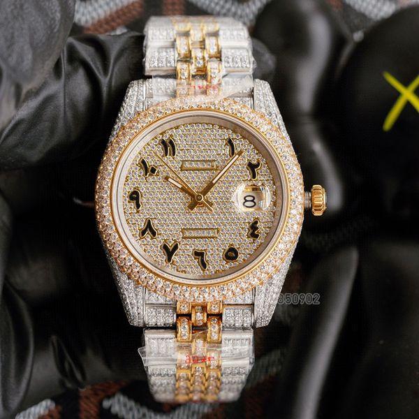 

aftermarket iced out two-tone oyster 41mm diamonds watch men dianmand watches 1603 datejust stainless steel rose gold watch with store paper, Slivery;brown