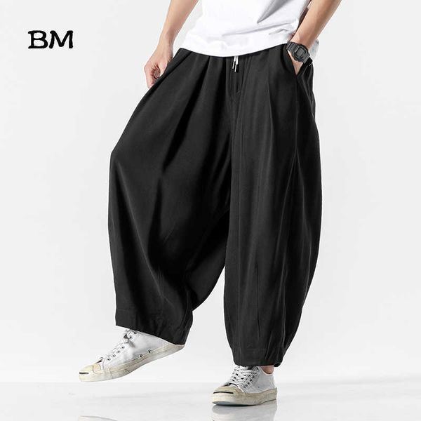 

men's pants summer linen pants wide legs male chinese style wide leg pants fashion plus size bloomers 5xl casual nine point pants men z, Black