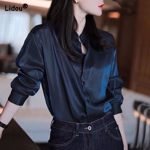 

women's blouses shirts premium black single breasted straight loose chiffon thin long sleeve blouses fashion soldier color spring autum, White