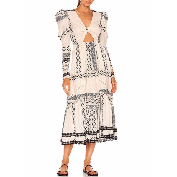 

runway dress v-neck puff sleeve geometric pattern embroidery midi dress, Black