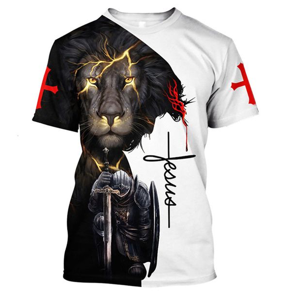 

men's t-shirts god religion christ jesus and lion 3d print men's t-shirts 0-neck short sleeve streetwear loose tees oversized t s, White;black