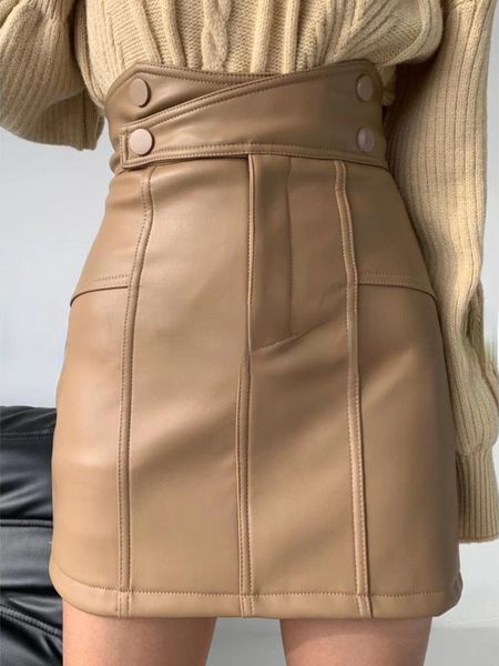 

skirts 2023 fall winter elegant solid pu leather skirt vintage button high wasit package hip jupe all-match casual mujer faldas y2k 230225, Black