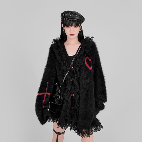 

womens jackets autumn winter harajuku cross love lace vneck black kawaii girl loose long sleeve thick fashion sweet knitting coat 230224, Black;brown