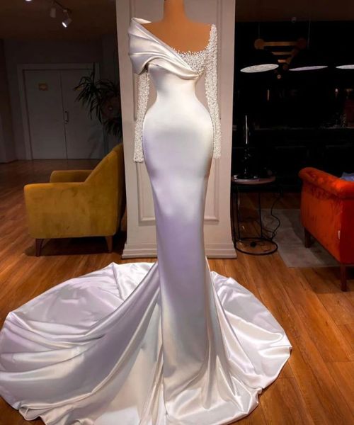 

elegant mermaid wedding dresses long sleeves bateau satin layered appliques sequins beaded floor length pearls plus size elegant bridal gown, White