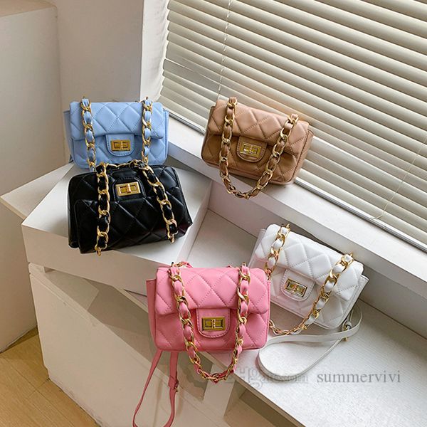 

children handbags girls diamond lattice quilted crossbody mini tote kids metals buckle chain single shoulder bag, Black