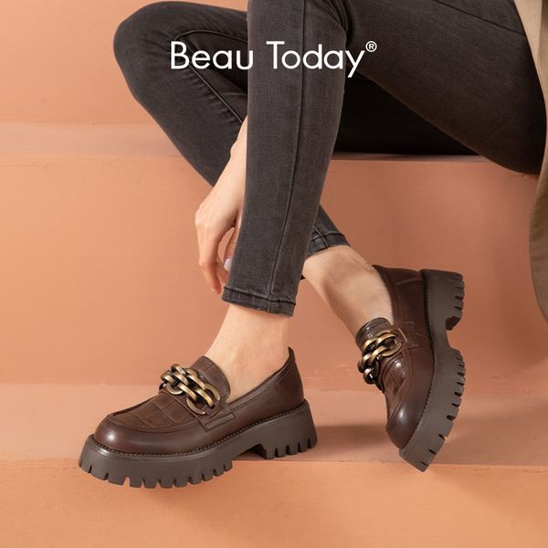 

dress shoes beautoday chunky loafers women genuine cow leather platform shoes round toe metal chain slip on ladies flats handmade 27748 2302, Black