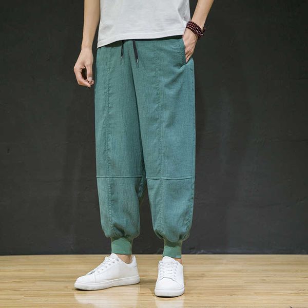 

men's pants summer men's new ice silk cotton linen loose bloomers chinese style beam pants retro allmatch overalls z0225, Black