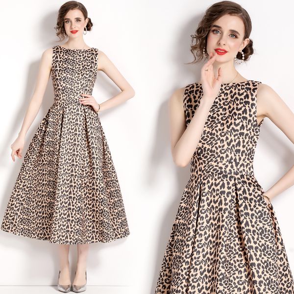 

2023 leopard print summer midi dresses women designe sleeveless cocktail vest dress for special occasion ladies club prom frocks slim loose, Black;gray