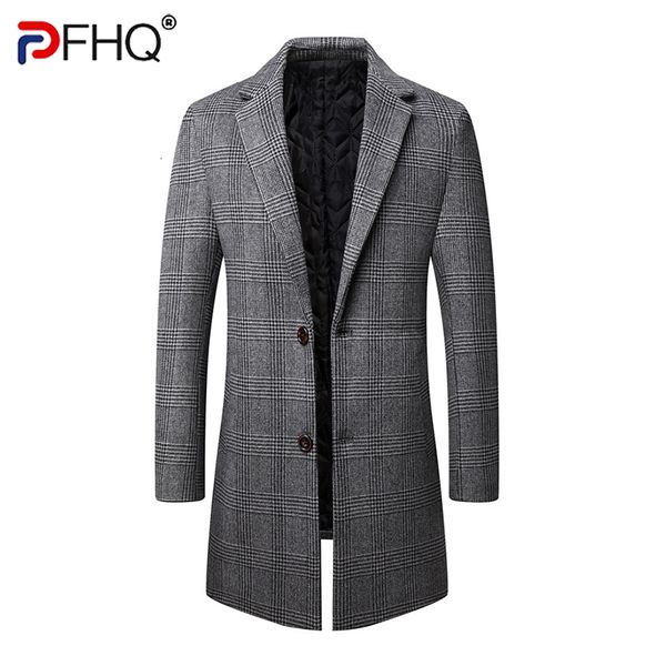 

men' blends pfhq 2023 spring stylish woolen jackets trench slim business casual trendy elegant plaid long coat design 230225, Black