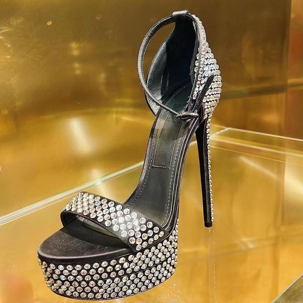 

fashion latest sandals summer platform shoes rhinestone embellishments womens shoe 16cm super high heeled open toe stiletto heel sandals 4-1, Black