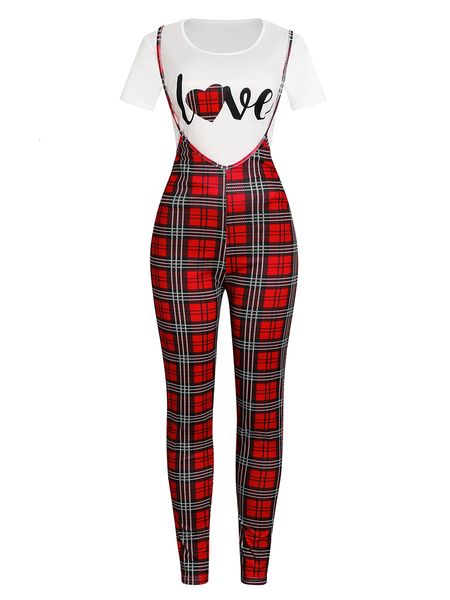 

women's two piece pants lw women two piece love plaid letter print overall set short sleeve shirtsheath overalls matching outfits 23022, White