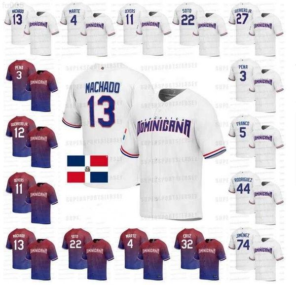 

2023 world baseball classic dominican jersey 22 juan soto 13 manny machado 5 wander franco 4 ketel marte 9 jean segura 35 teoscar hernandez, Blue;black