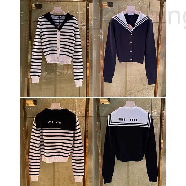 

women's knits & tees designer french y 2023 spring and summer women's navy sweater collar stripe contrast soft waxy cardigan coat, White