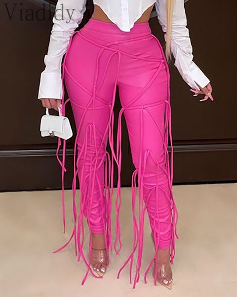 

women's pants tassels design high waist pu skinny 230225, Black;white