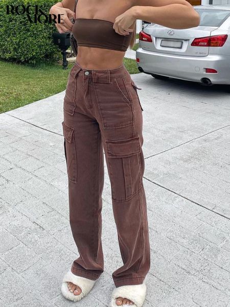 

women's jeans rockmore brown vintage baggy jeans women 90s streetwear pockets wide leg cargo pants low waist straight denim trousers 23, Blue