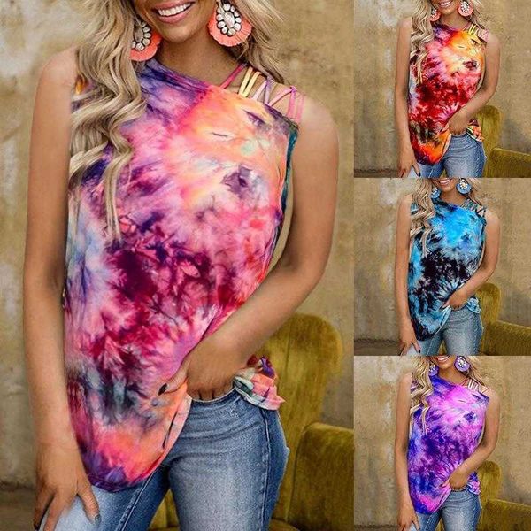 

summer tie dyed printed camis sleeveless vest off shoulder casual t shirt for, White
