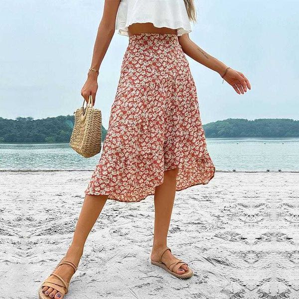 

summer ruffles printed skirt irregular floral for casual women, Black