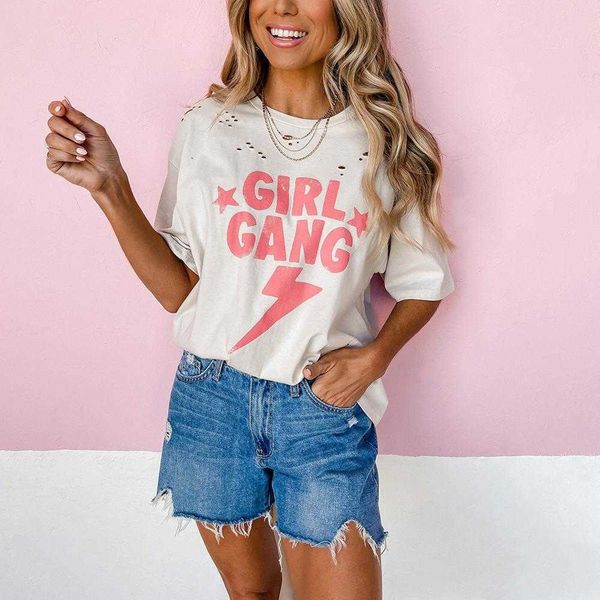 

summer letter tee print round neck short sleeve ripped loose fitting casual t, White